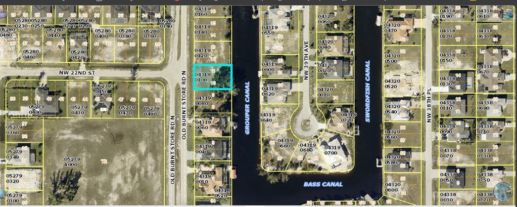 This is an aerial map showing residential lots, canals, and streets in a suburban neighborhood — 2131 OLD BURNT STORE ROAD N, CAPE CORAL, FL