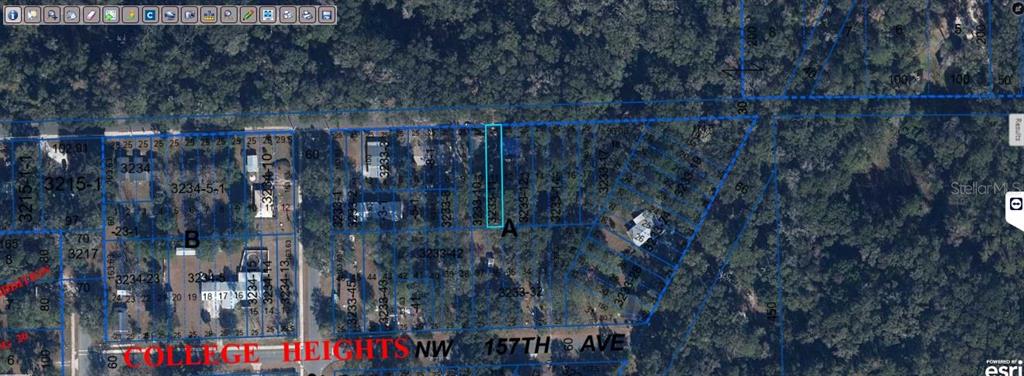 This is an aerial map view showing property lot lines and parcel boundaries in a neighborhood — NW 157TH AVE, ALACHUA, FL