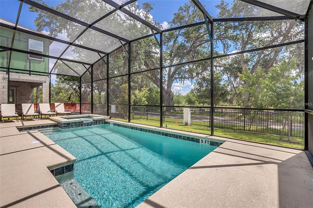 A screened-in swimming pool and hot tub sit on a patio overlooking a grassy yard — 2547 SHANTI DRIVE, KISSIMMEE, FL