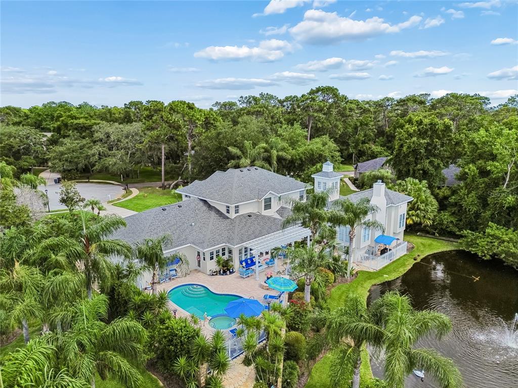 An aerial view of a two-story house with a pool, patio, and pond — 5851 CACHETTE DE RIVIERA COURT, NEW PORT RICHEY, FL