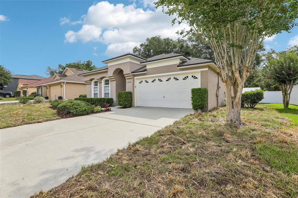 A single-story house with a beige stucco exterior, a two-car garage, and a concrete driveway — 30254 PGA DRIVE, SORRENTO, FL