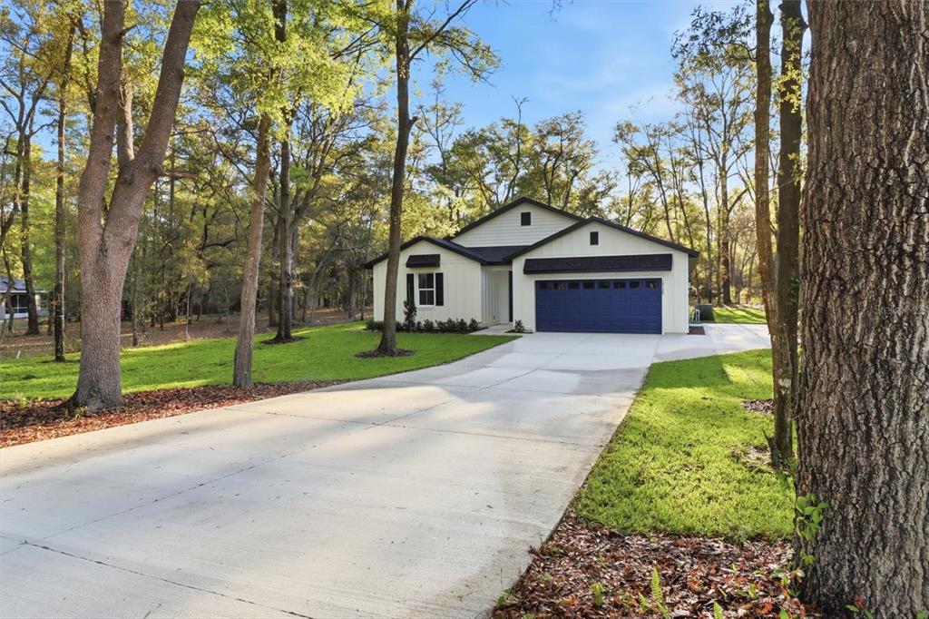 A single-story house with white siding, a blue garage door, and a concrete driveway — 19126 SW 101ST STREET, DUNNELLON, FL