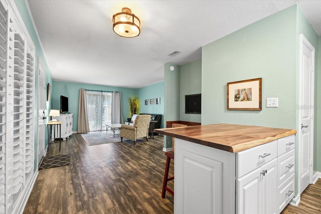 A kitchen island with a wood countertop overlooks a living area with light blue walls — 507 NW 39TH ROAD UNIT 110, GAINESVILLE, FL