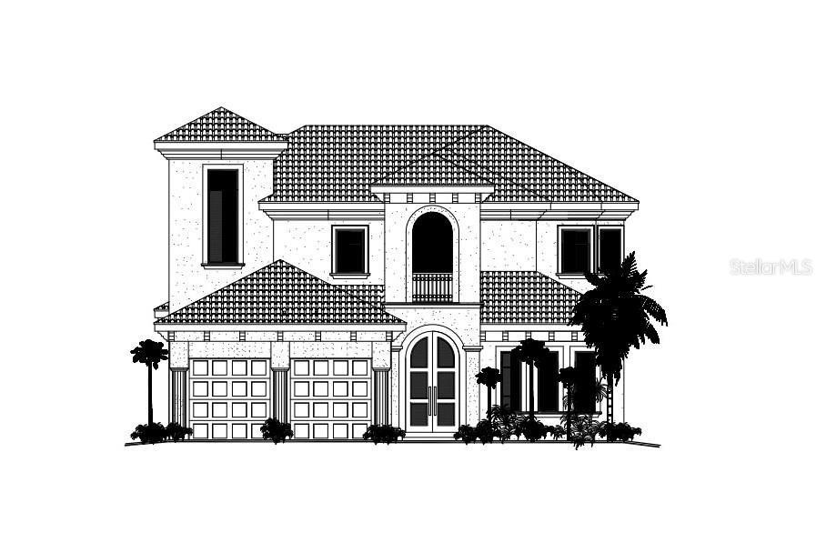 This is an architectural rendering of the front exterior of a two-story Mediterranean-style house — 1740 ASSISI DRIVE, SARASOTA, FL