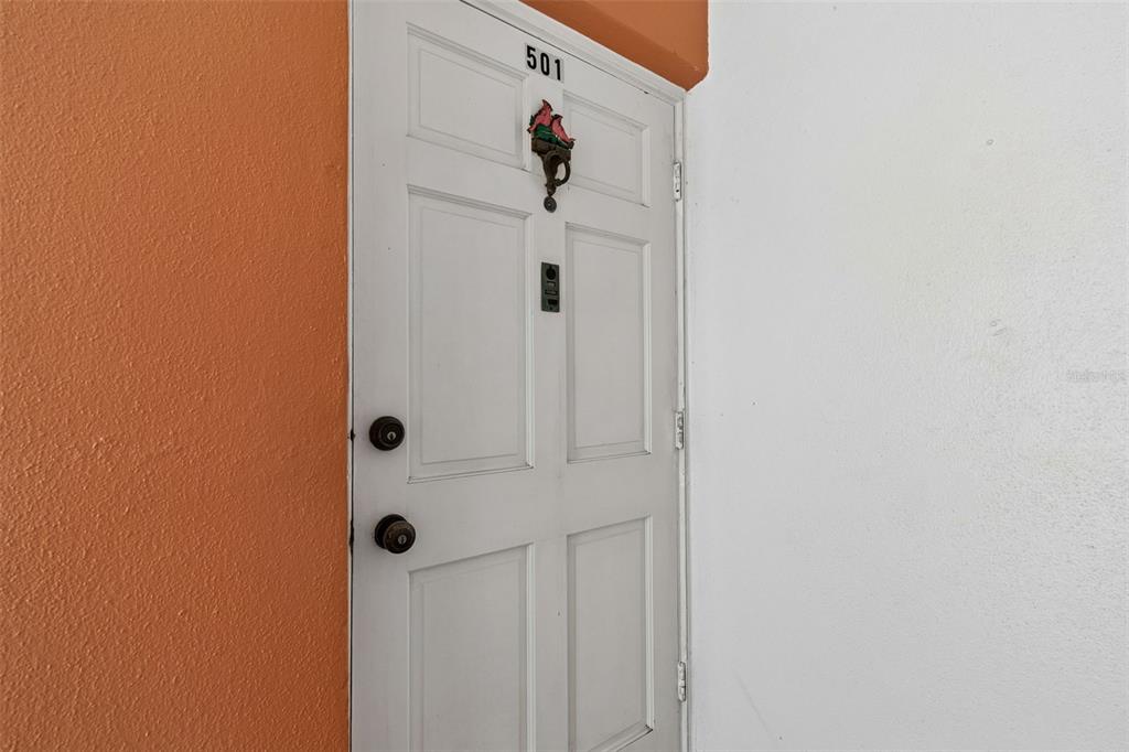 A white front door with the number 501 is set between an orange and white wall — 6960 20TH AVENUE N UNIT 501, ST PETERSBURG, FL