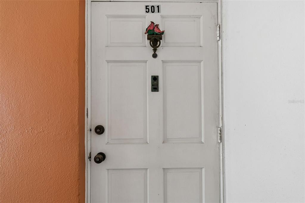 A white front door with a cardinal-themed knocker and the number 501 above it — 6960 20TH AVENUE N UNIT 501, ST PETERSBURG, FL