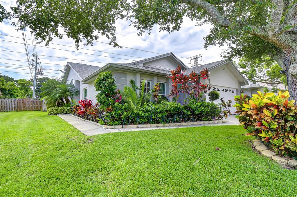 A single-story house with a light gray exterior, a manicured lawn, and lush tropical landscaping — 2999 BROOKFIELD LANE, CLEARWATER, FL