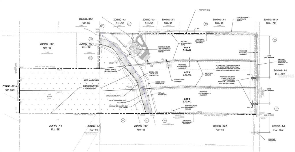 This is a land survey map showing the proposed subdivision of a property into three lots — LAKE MARKHAM ROAD, SANFORD, FL