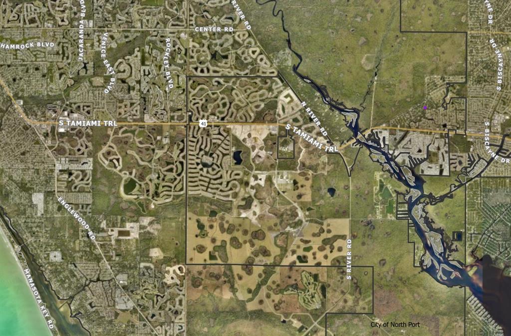 This is an aerial map showing roads, waterways, and residential areas in North Port, Florida — 0770040034 DESOTO DRIVE, NORTH PORT, FL