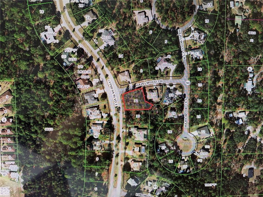 This is an aerial map showing residential lots and streets in a wooded neighborhood — 1 HAZELWOOD DRIVE, HOMOSASSA, FL