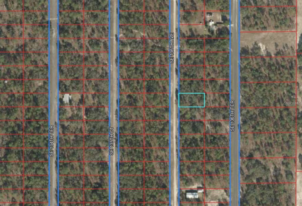 This is an aerial map showing a rectangular plot of land highlighted in blue — 00 SW 136TH AVENUE, DUNNELLON, FL