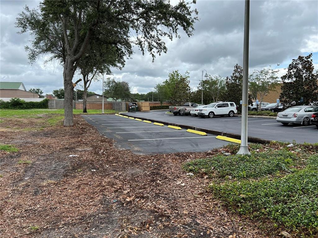An asphalt parking lot with marked spaces and yellow wheel stops sits beside a wooded area — O E NANCY LEE LANE, APOPKA, FL