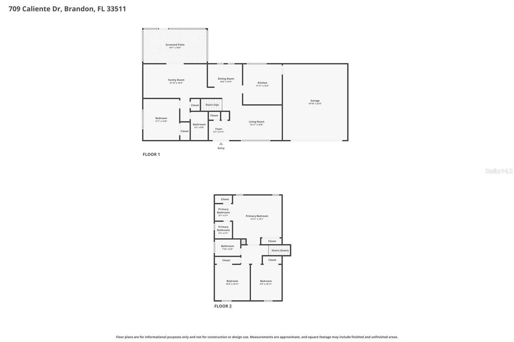 This is a two-story floor plan showing the layout of a residential home — 709 CALIENTE DRIVE, BRANDON, FL