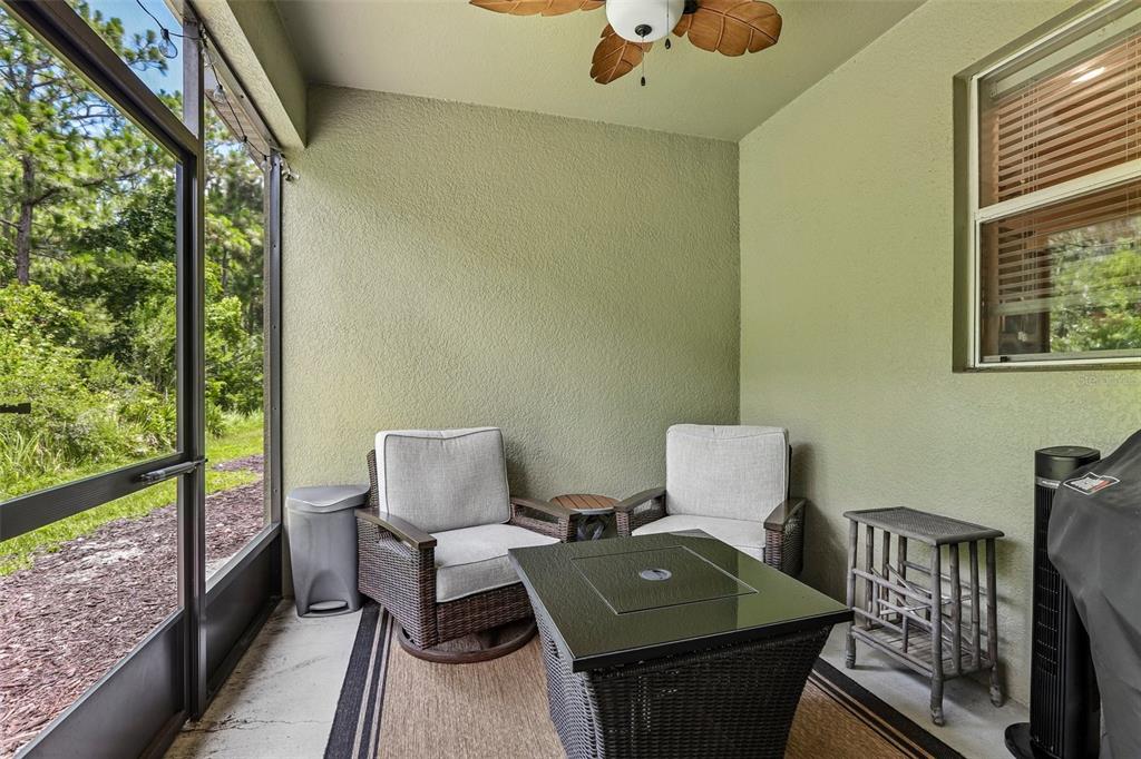 A screened-in patio features two wicker chairs, a fire pit table, and a ceiling fan — 20306 STARFINDER WAY, TAMPA, FL