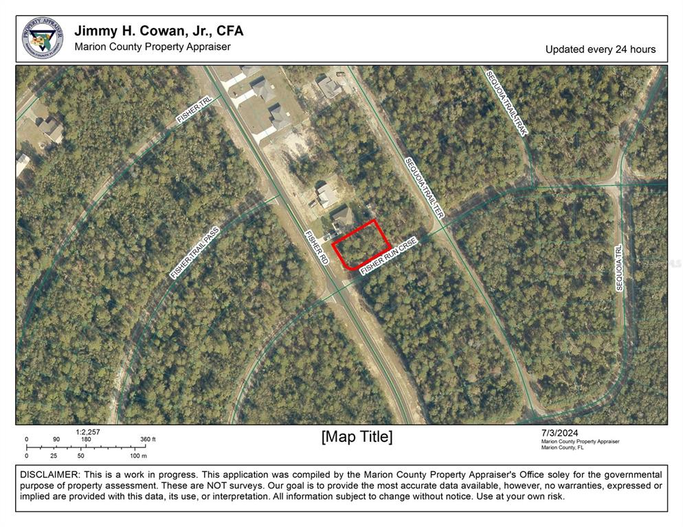 This is a property tax map showing a highlighted parcel of land in Marion County, Florida — 0 FISHER ROAD, OCKLAWAHA, FL