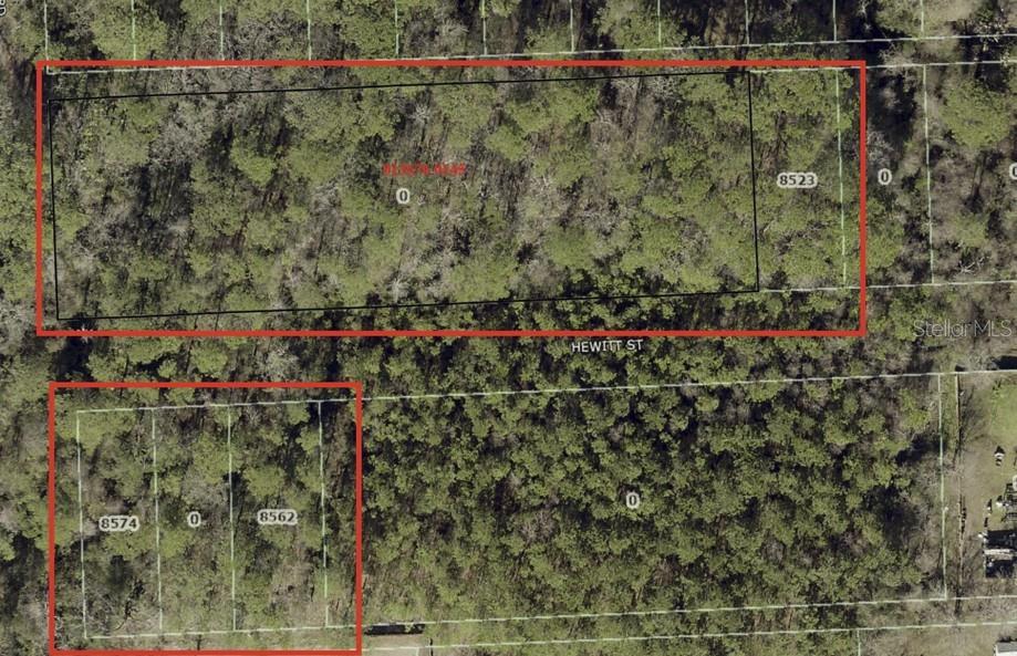 An aerial map view shows several wooded, undeveloped residential lots along a street — 8523 HEWITT STREET, JACKSONVILLE, FL