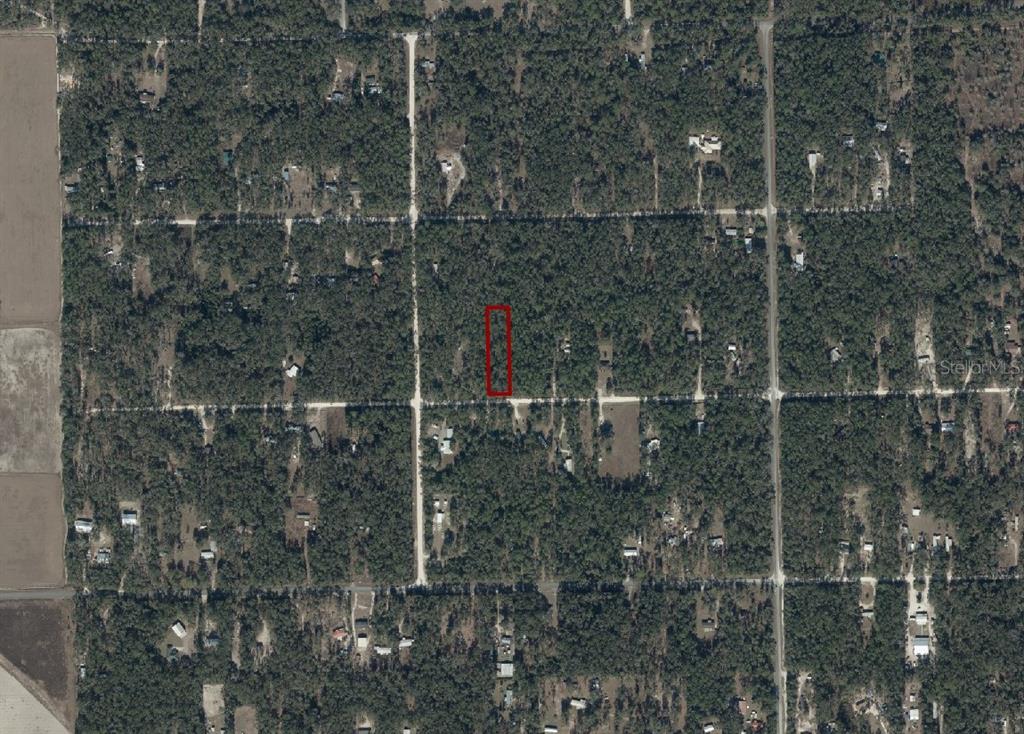 An aerial view shows a rectangular lot outlined in red within a wooded residential area — 282ND TERRACE, BRANFORD, FL