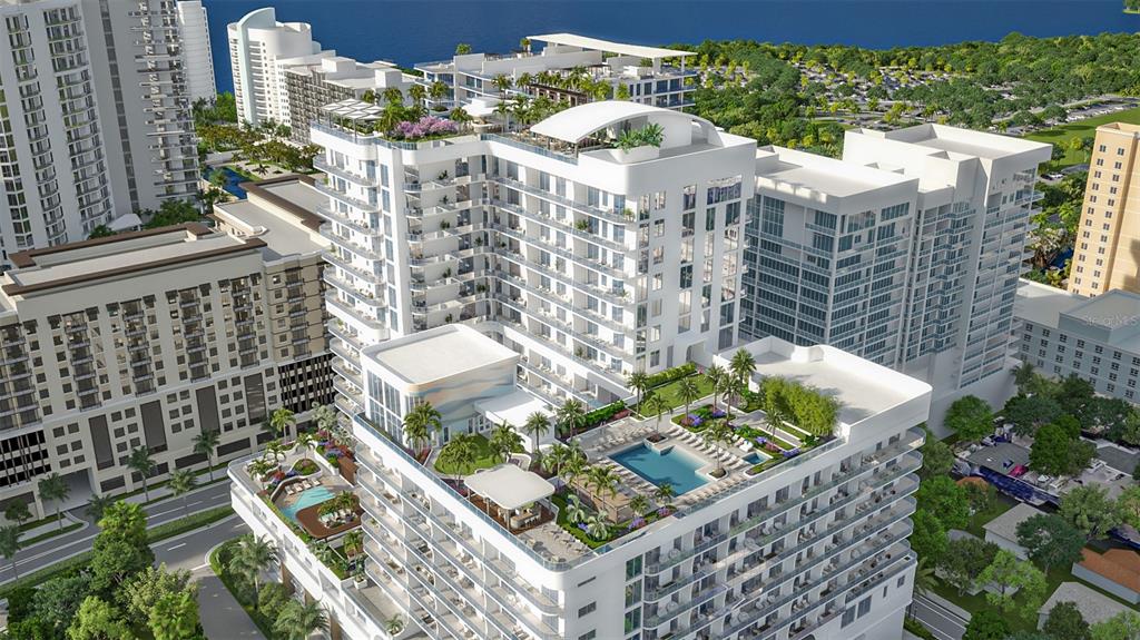 This is a digital rendering of a multi-story residential building featuring rooftop pools and gardens — 430 N TAMIAMI TRAIL UNIT 1701, SARASOTA, FL