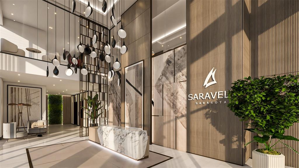 This rendering shows a modern lobby with a marble reception desk and a sculptural light fixture — 430 N TAMIAMI TRAIL UNIT 1701, SARASOTA, FL