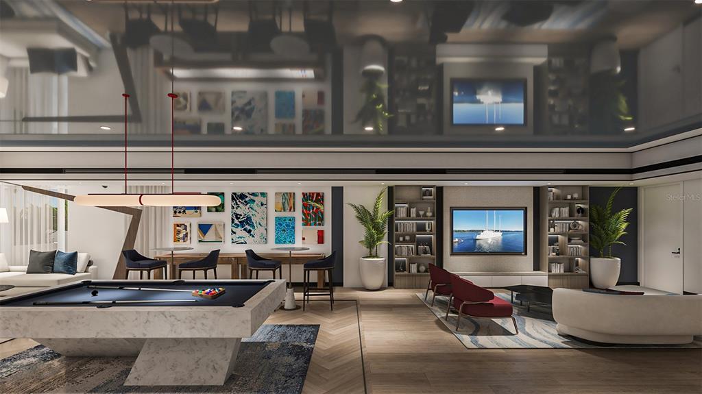 This rendering shows a modern game room featuring a pool table, lounge area, and television — 430 N TAMIAMI TRAIL UNIT 1701, SARASOTA, FL