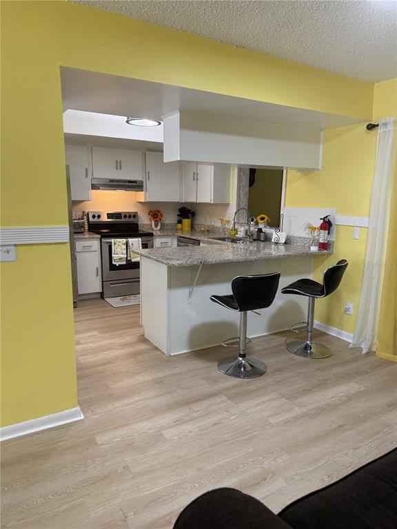 A kitchen with white cabinets, granite countertops, and a breakfast bar with two stools — 322 REGAL PARK DRIVE, VALRICO, FL