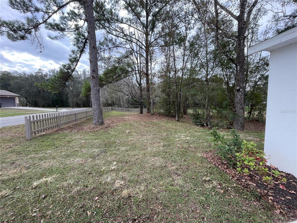 A grassy side yard features a wooden picket fence and several tall pine trees — 849 LAURELRIDGE COURT, BROOKSVILLE, FL