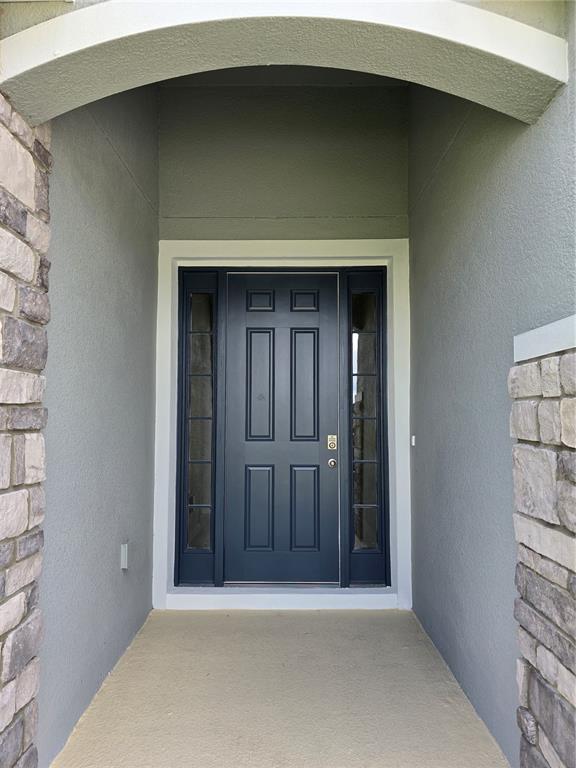A dark blue front door with sidelights is framed by stone pillars and a stucco archway — 33965 FIELD MAPLE LOOP, WESLEY CHAPEL, FL