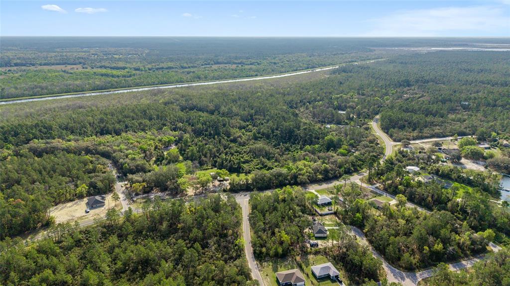 An aerial view shows a residential area with scattered houses surrounded by dense forest and vegetation — 475 FISHER ROAD, OCKLAWAHA, FL