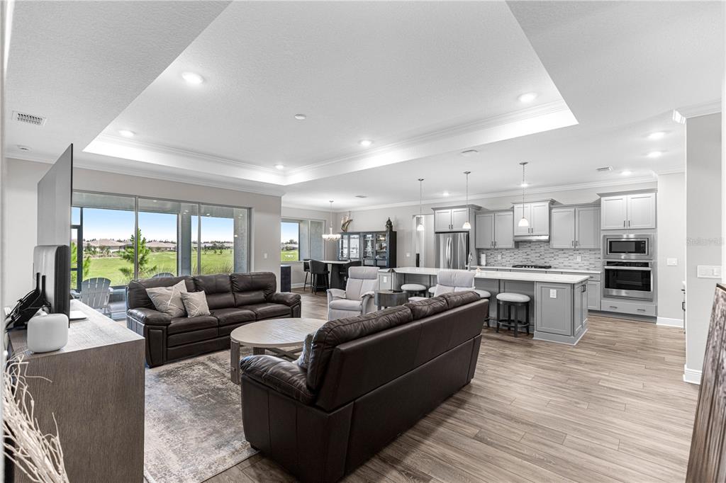 An open-concept living room and kitchen featuring gray cabinetry, wood-look flooring, and a sliding door — 9791 SW 82ND STREET ROAD, OCALA, FL