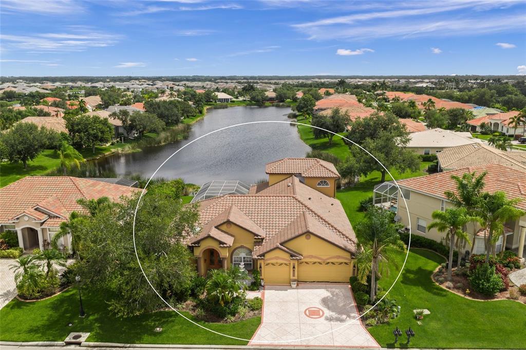 A screened-in swimming pool with a rock waterfall feature and surrounding tropical landscaping — 8214 BARTON FARMS BOULEVARD, SARASOTA, FL