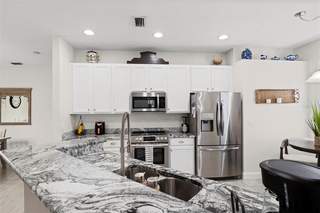 A kitchen features white cabinets, granite countertops, stainless steel appliances, and a double-basin sink — 10818 ASHFORD OAKS DRIVE, TAMPA, FL