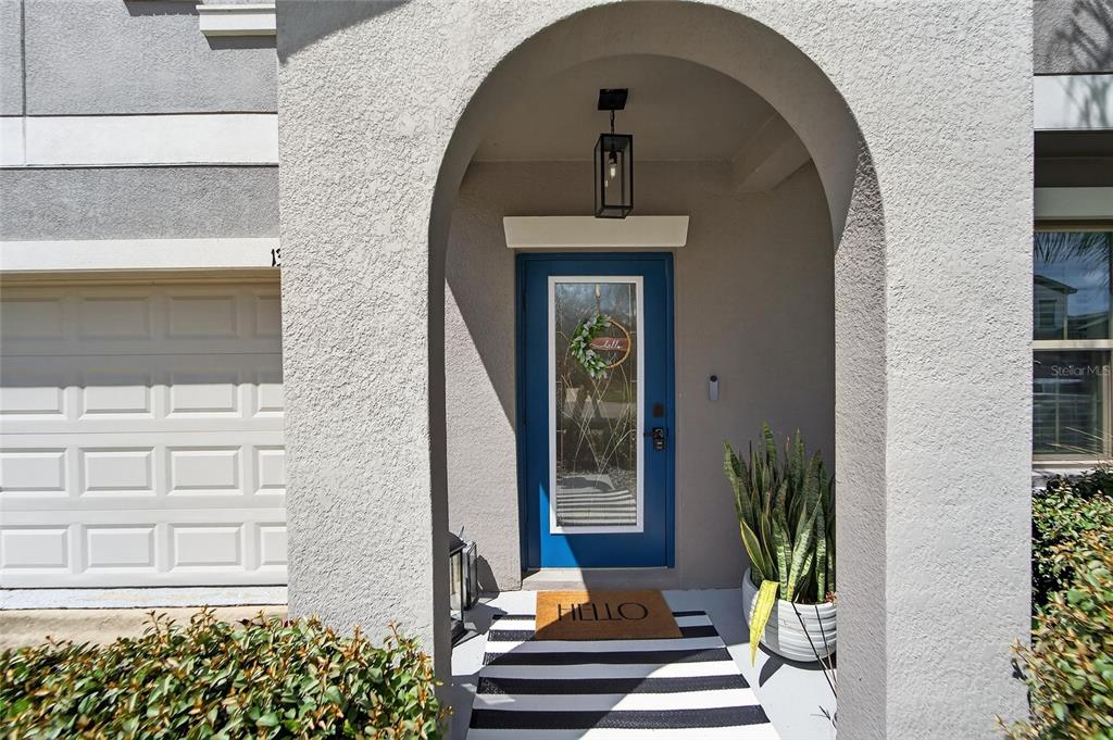 A blue front door with a glass insert sits under an arched entryway — 13209 WILDFLOWER MEADOW DRIVE, RIVERVIEW, FL