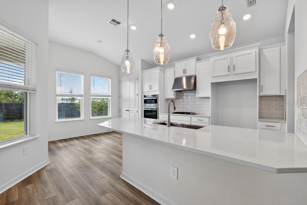 A modern kitchen features white cabinets, quartz countertops, stainless steel appliances, and wood-look flooring — 12743 DOCKYARD TRAIL, PALMETTO, FL