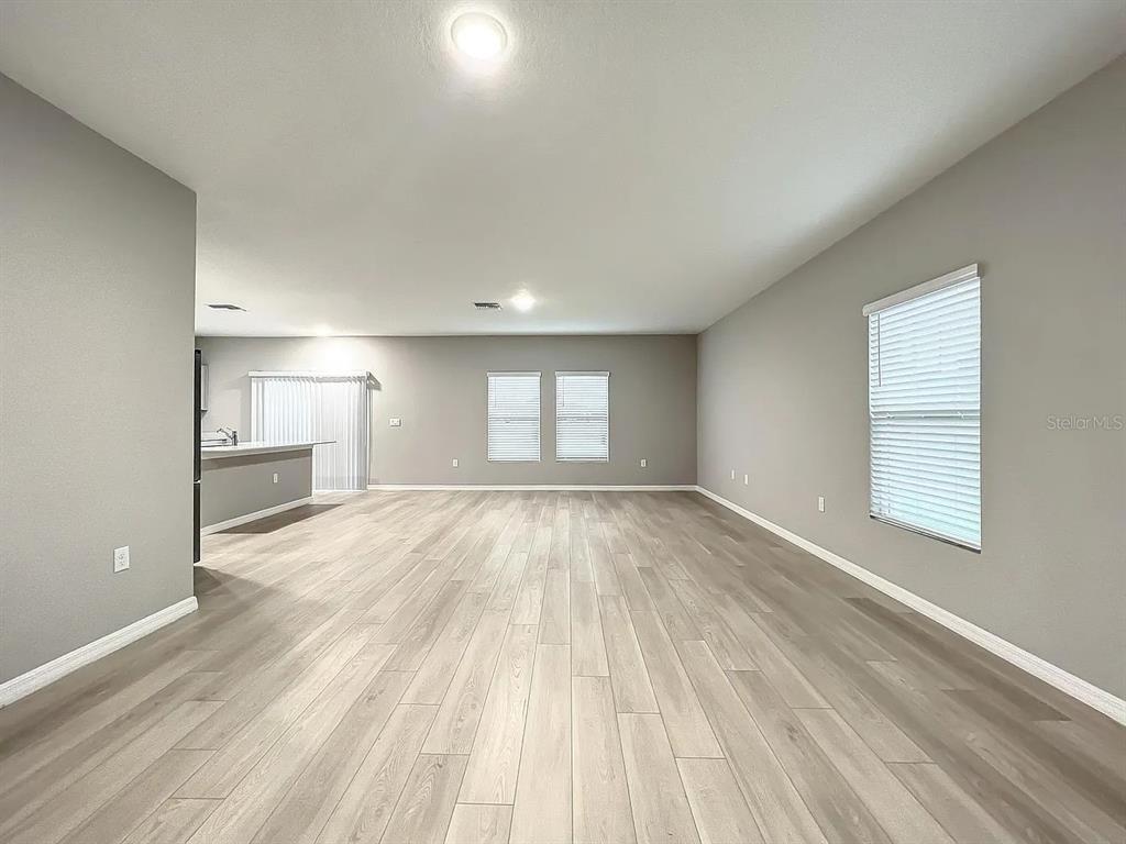 An open-concept living area features light-colored wood-look flooring, gray walls, and multiple windows — 7540 FREESIA TRACE, WESLEY CHAPEL, FL