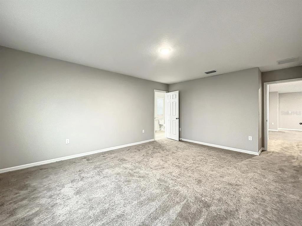 An empty bedroom with gray walls, beige carpeting, and two open doorways — 7540 FREESIA TRACE, WESLEY CHAPEL, FL