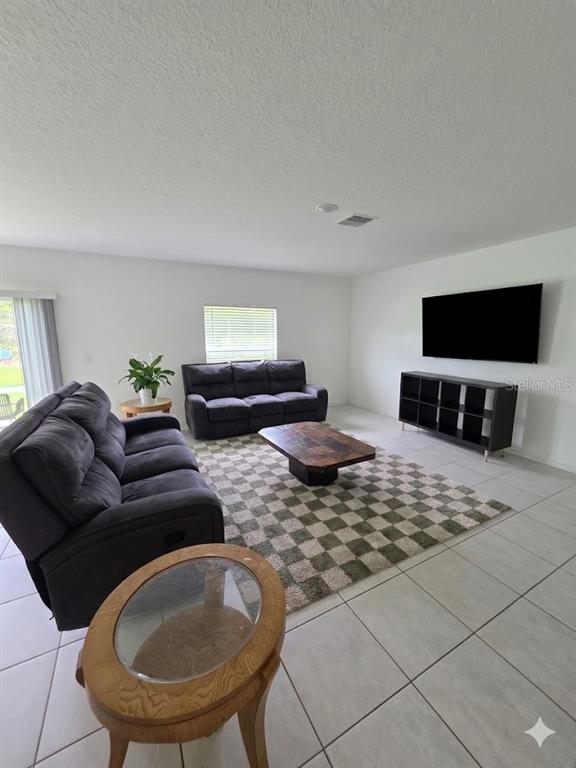 A living room features gray sofas, a checkered rug, a coffee table, and a wall-mounted television — 216 CITRINE LOOP, KISSIMMEE, FL