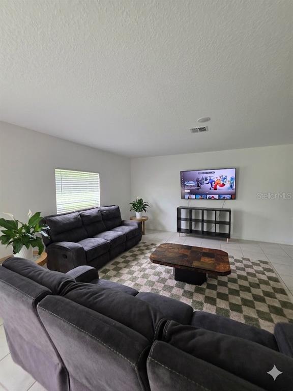 A living room features a dark gray sectional sofa, a checkered rug, and a wall-mounted television — 216 CITRINE LOOP, KISSIMMEE, FL