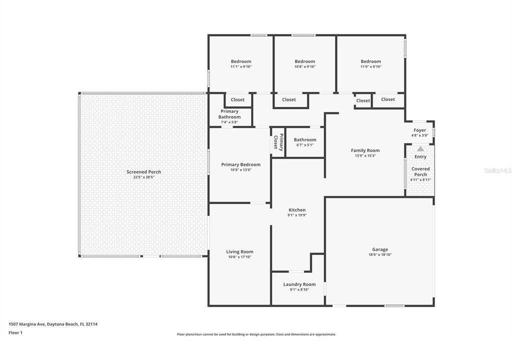 This is a floor plan for a single-story house with three bedrooms and a garage — 1507 MARGINA AVENUE, DAYTONA BEACH, FL