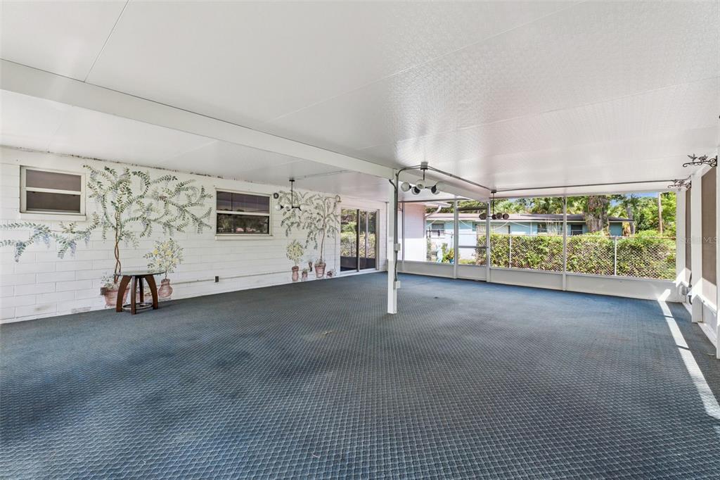 A large, covered outdoor patio features blue carpeting, a painted mural, and screened-in walls — 1507 MARGINA AVENUE, DAYTONA BEACH, FL