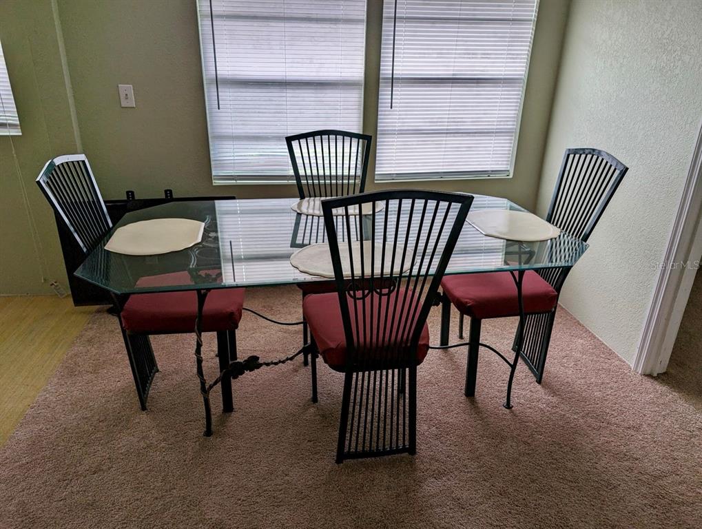 A dining room features a glass-topped table with four black chairs on a carpeted floor — 25130 NE 132ND LANE, SALT SPRINGS, FL