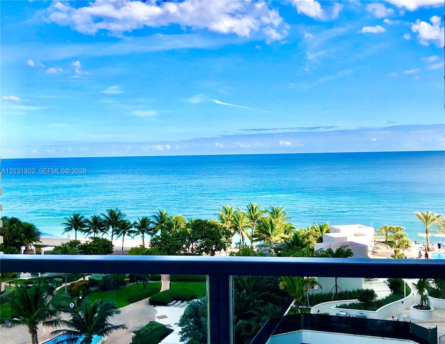 A balcony view overlooks a tropical beach, palm trees, and the blue ocean — 3101 S Ocean Dr # 801, Hollywood FL 33019, HOLLYWOOD, FL