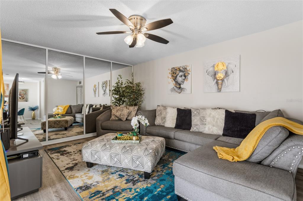 A living room features a gray sectional sofa, patterned ottoman, area rug, and mirrored closet doors — 7506 PRESLEY PLACE UNIT 113, TAMPA, FL