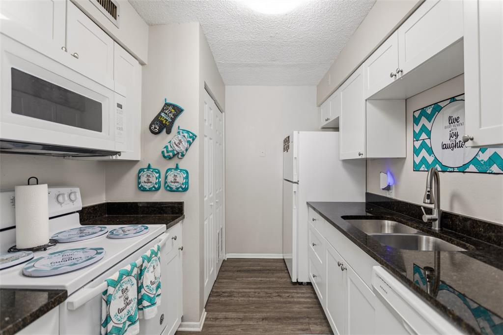 A galley kitchen features white cabinets, dark countertops, stainless steel appliances, and wood-look flooring — 7506 PRESLEY PLACE UNIT 113, TAMPA, FL