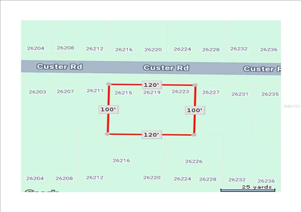 This is a map showing a rectangular property lot with dimensions of 100 by 120 feet — 26215 CUSTER ROAD, PUNTA GORDA, FL