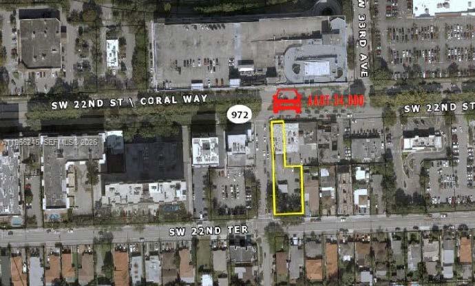 An aerial map view highlights a rectangular property lot outlined in yellow near a street — 3398 Coral Way, Miami FL 33145, MIAMI, FL