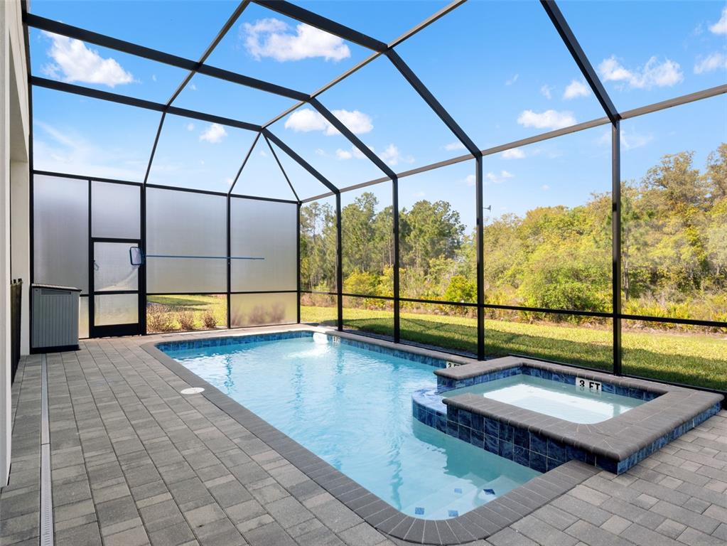 A screened-in swimming pool and spa with a paver deck overlooking a wooded area — 2021 OAK CREEK LOOP, DAVENPORT, FL