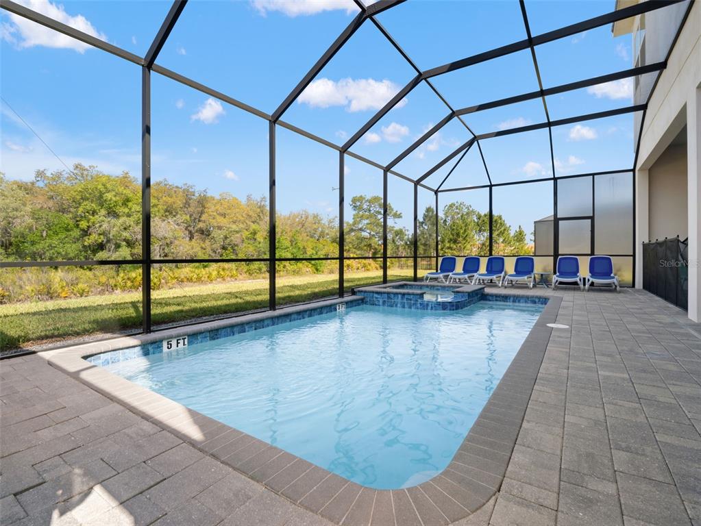 A rectangular swimming pool with an attached spa sits inside a screened-in patio enclosure — 2021 OAK CREEK LOOP, DAVENPORT, FL