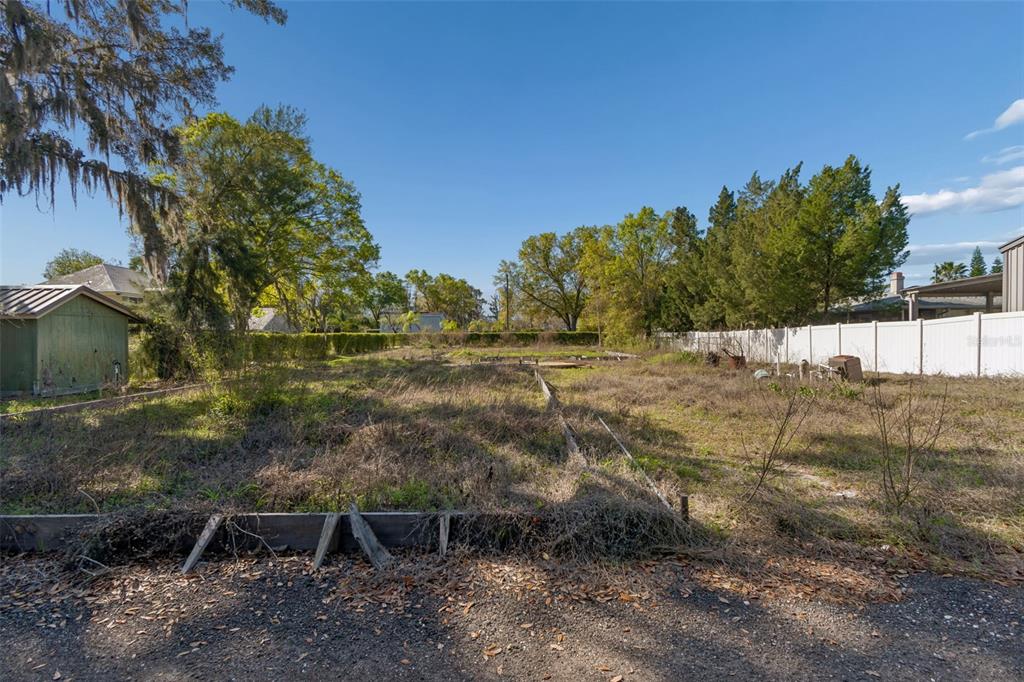 A vacant, overgrown residential lot features a small shed and a white privacy fence — 8715 BROOKE ANGELA DRIVE, ODESSA, FL