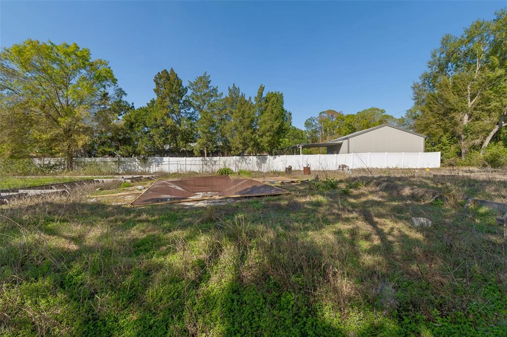 An overgrown backyard features a covered swimming pool and a white fence — 8715 BROOKE ANGELA DRIVE, ODESSA, FL