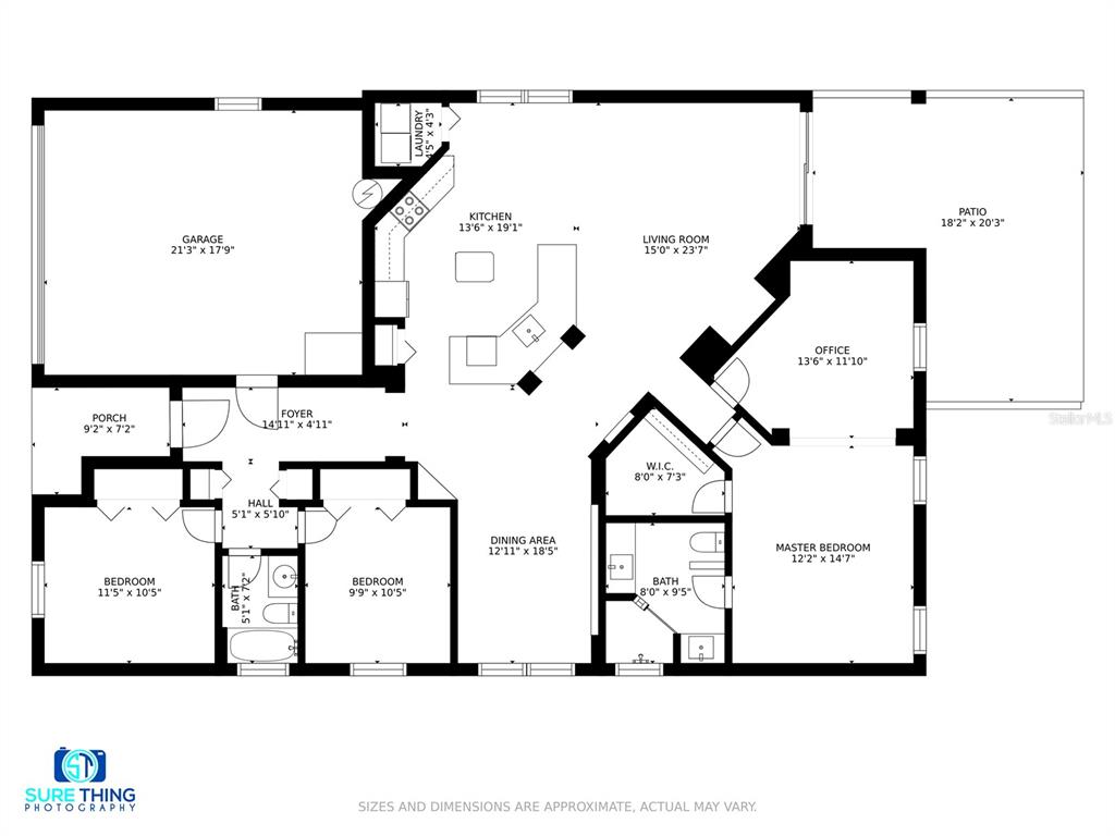 This floor plan shows a single-story house layout with a garage, patio, and multiple bedrooms — 1767 TRIBUTORY LANE, PORT ORANGE, FL